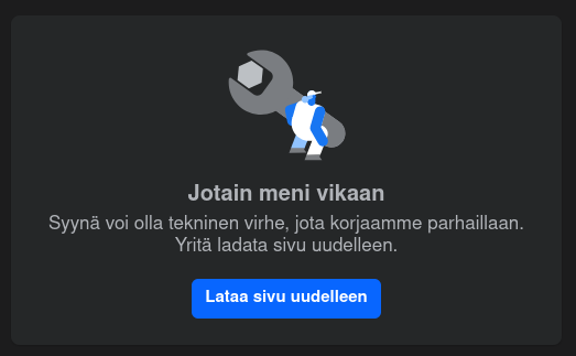 Facebookin yleinen virheilmoitus "Jotain meni vikaan" feedin alareunassa.