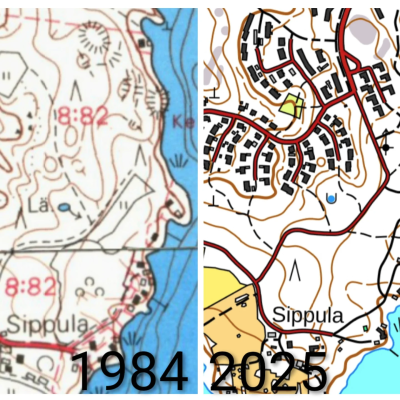 Karttakuvan palat Sippulanniemestä vuosina 1984 ja 2025. Lähde erottuu molemmissa selkeästi.